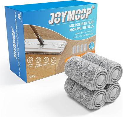 JOYMOOP 17.7-Inch Microfiber Flat Mop Replacement Pads – Washable Reusable Grey & Stripe, Pack of 4 Heavy-Duty Wet & Dry Refill for JOYMOOP Flat Mop & Bucket System