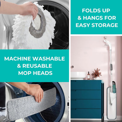 True & Tidy® Clean Everywhere Spray Mop Kit with 3 Interchangeable Heads & Refillable Tank - Flat, Round, Squeegee (Pink)