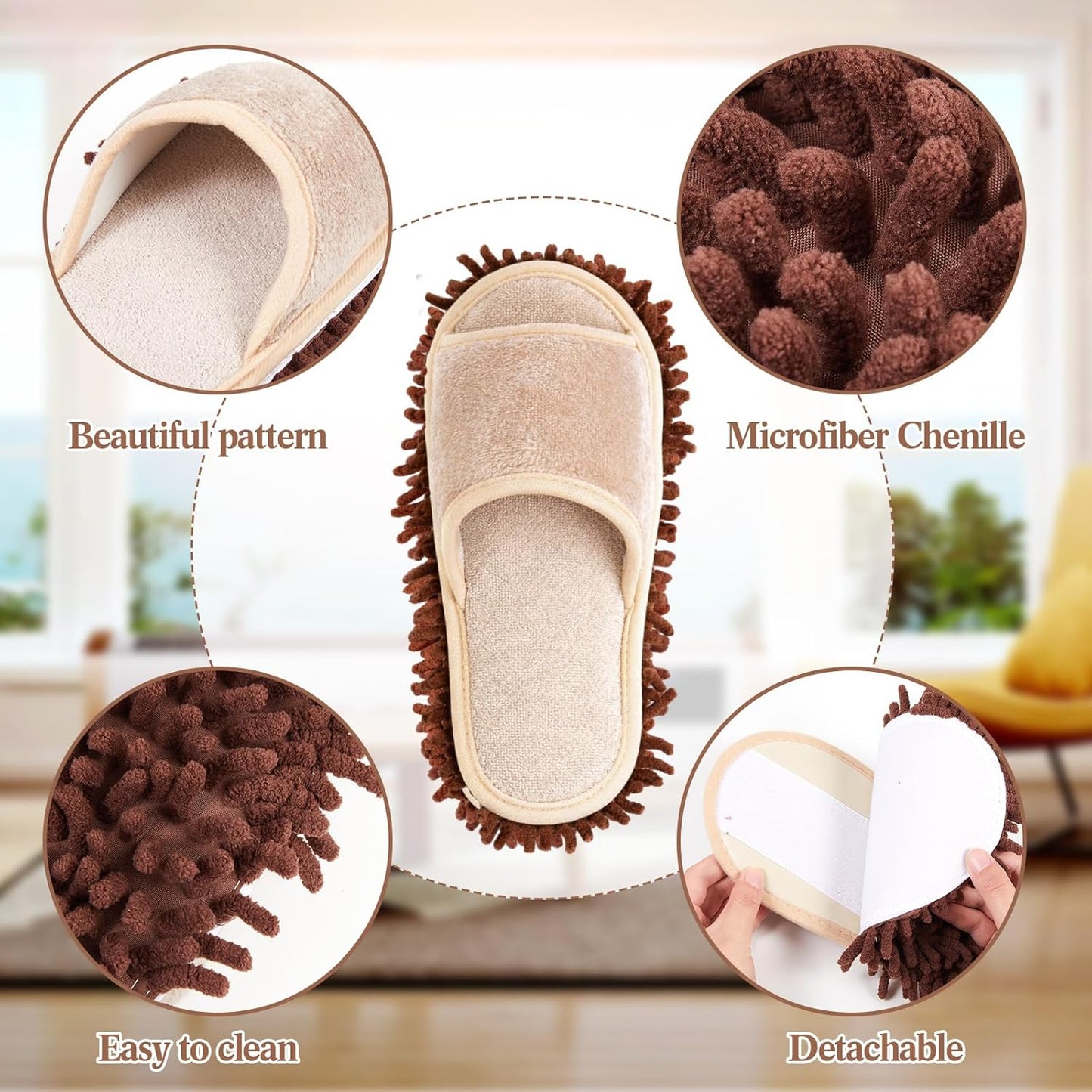 Jecery 4 Pair Washable Microfiber Mop Slippers Detachable Dusting Shoes for Floor Cleaning, Office & Home Use Suitable for Women & Men(Blue, Brown, Beige, White,L Size)