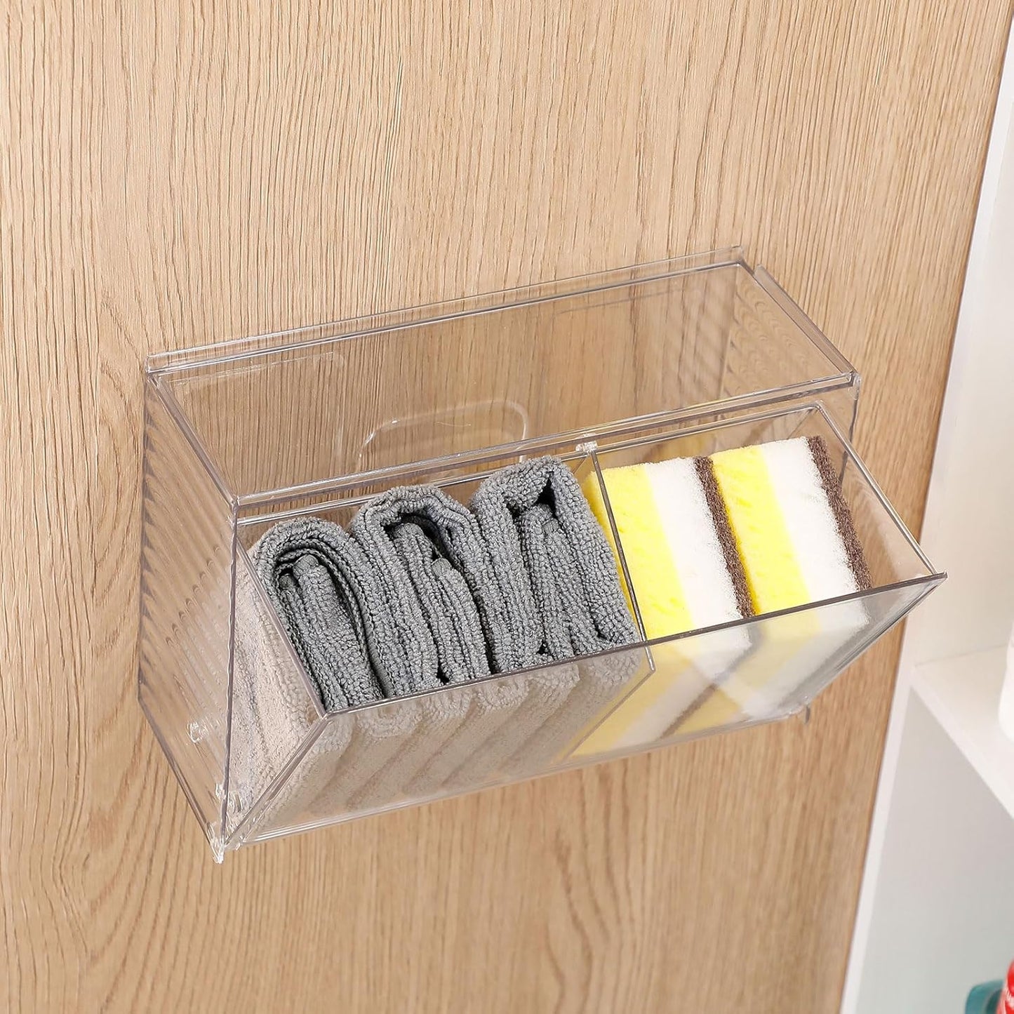 Clear Dishwasher Detergent Dispenser Holder, Large Adhesive Under Sink Door Storage and Organizer for Kitchen and Bathroom, Plastic Laundry Pods Box