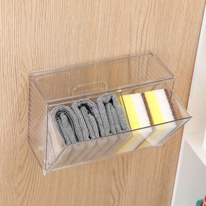 Clear Dishwasher Detergent Dispenser Holder, Large Adhesive Under Sink Door Storage and Organizer for Kitchen and Bathroom, Plastic Laundry Pods Box