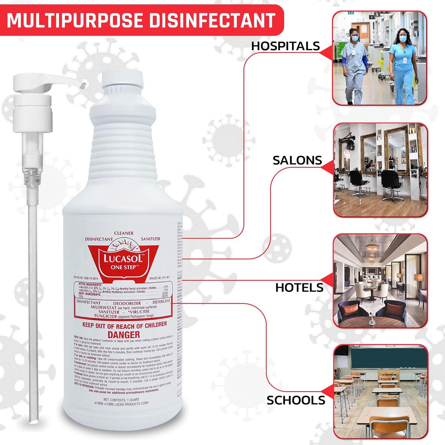 Lucasol One Step Disinfectant, 32 Fl Oz Disinfectant & 24 Oz Empty Refillable Spray Bottle Combo. Multi Purpose Cleaner Spray For Hospitals, Schools, Salons, Household Cleaning And More