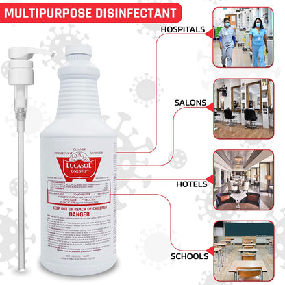 Lucasol One Step Disinfectant, 32 Fl Oz Disinfectant & 24 Oz Empty Refillable Spray Bottle Combo. Multi Purpose Cleaner Spray For Hospitals, Schools, Salons, Household Cleaning And More
