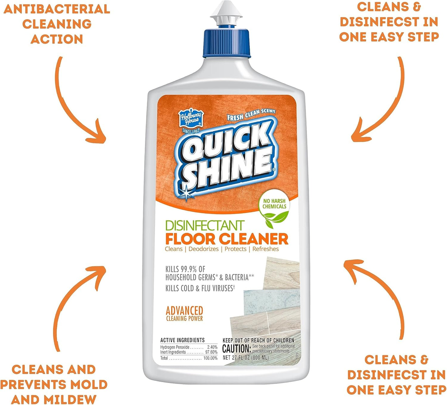 Quick Shine Disinfectant Floor Cleaner 27oz | Hospital Level Disinfectant Kills 99.9% Germs & Bacteria | Cleans w/Power of Hydrogen Peroxide & No Harsh Chemicals | Streak Free & Zero Residue