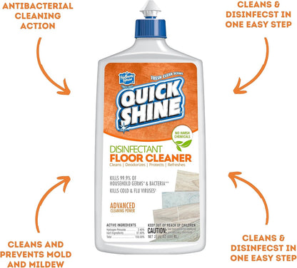 Quick Shine Disinfectant Floor Cleaner 27oz | Hospital Level Disinfectant Kills 99.9% Germs & Bacteria | Cleans w/Power of Hydrogen Peroxide & No Harsh Chemicals | Streak Free & Zero Residue