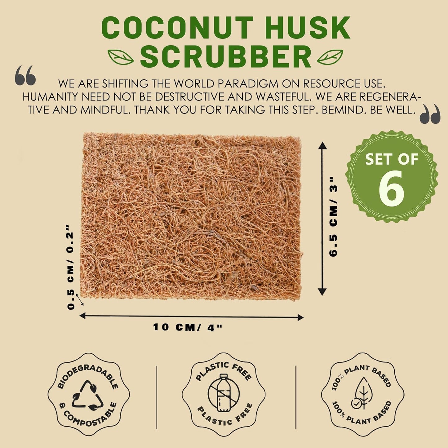 Coconut Scrubber(6) - Natural Dish Scrubber | Eco Friendly & Non-Scratch Coconut Husk Scouring Pad