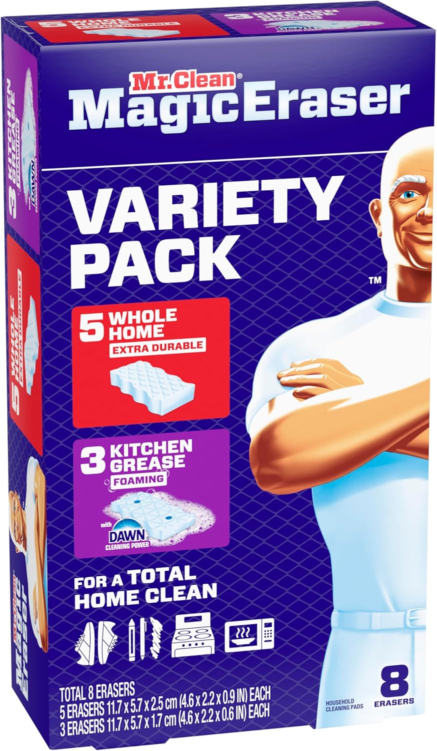 Mr. Clean Magic Eraser Sponge, All Purpose Cleaner, Cleaning Scrubber, Kitchen, Bathroom, Shower, Oven, Cleaning Supplies, Variety Pack with 1 Ultra Thick, 2 Ultra Foamy, & 3 Extra Durable, 6ct