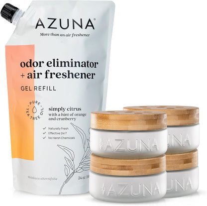 Azuna Air Freshener & Odor Eliminator for Strong Odor | 2 Room Kit Includes (2) 8 oz. Empty Luxe Glass Jars & 12 oz | Refill with Tea Tree Essential Oil Gel | Amalfi Breeze | Last 60-90 Days