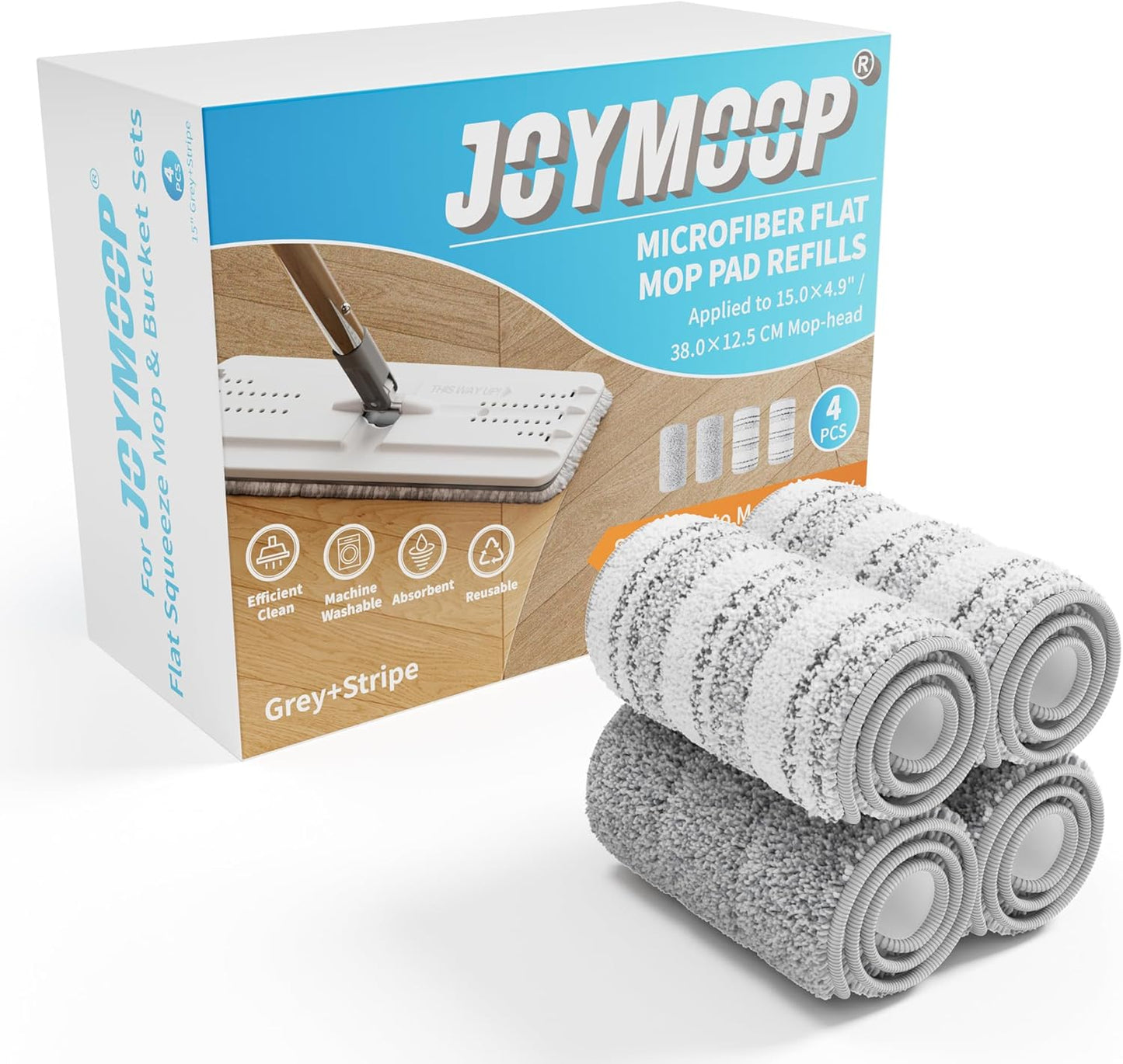 JOYMOOP 17.7-Inch Microfiber Flat Mop Replacement Pads – Washable Reusable Grey & Stripe, Pack of 4 Heavy-Duty Wet & Dry Refill for JOYMOOP Flat Mop & Bucket System