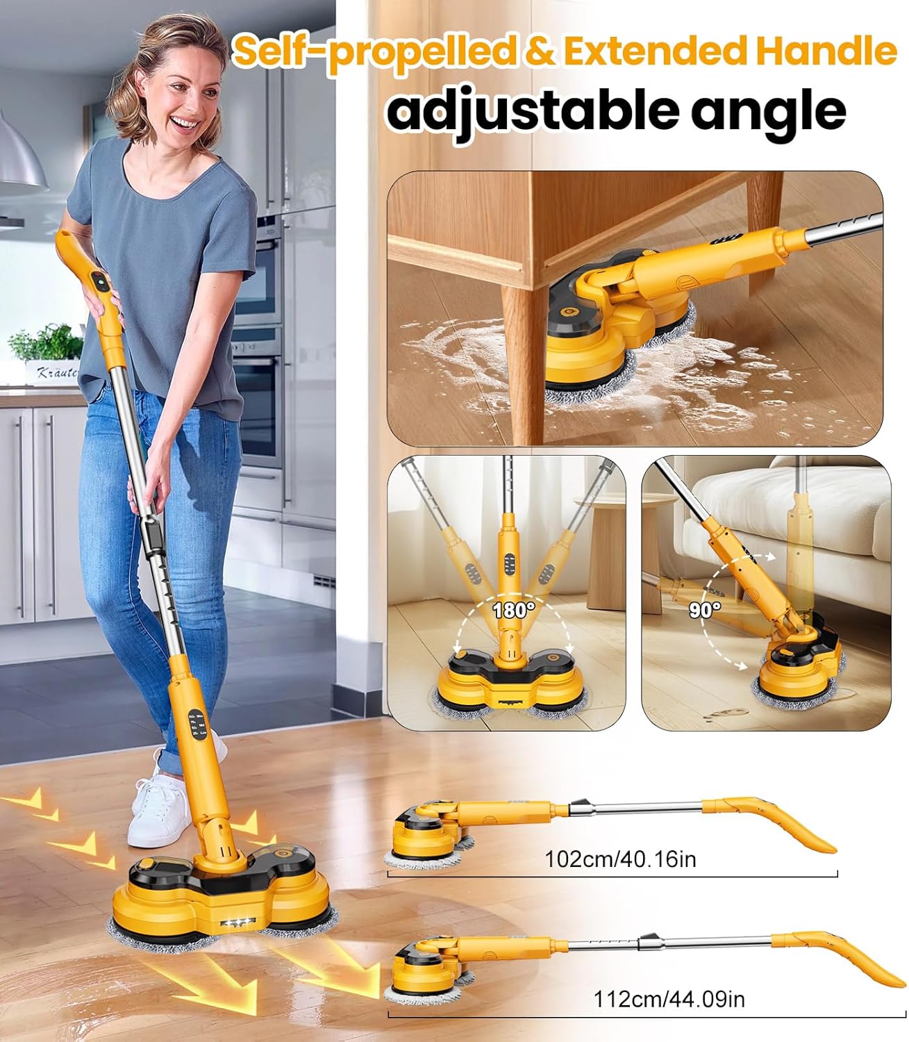 qimedo 800RPM Cordless Electric Mop, 6000mAh Battery Electric Power Scrubber & Mops for Floor Cleaning, Best Automatic Spin Mops with Smart Display,Rotating Mop with LED Light & Water Spray