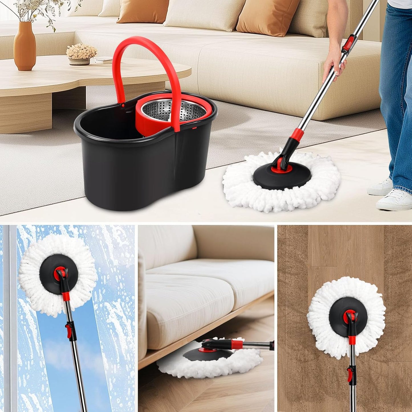 Spin Mop and Bucket, Mop and Bucket with Wringer Set for Home, 360 Spinning Mop Bucket Floor Cleaning Tool with One Microfiber Mop Replacement Head Refills,50" Extended Handle for Floor Cleaning Home