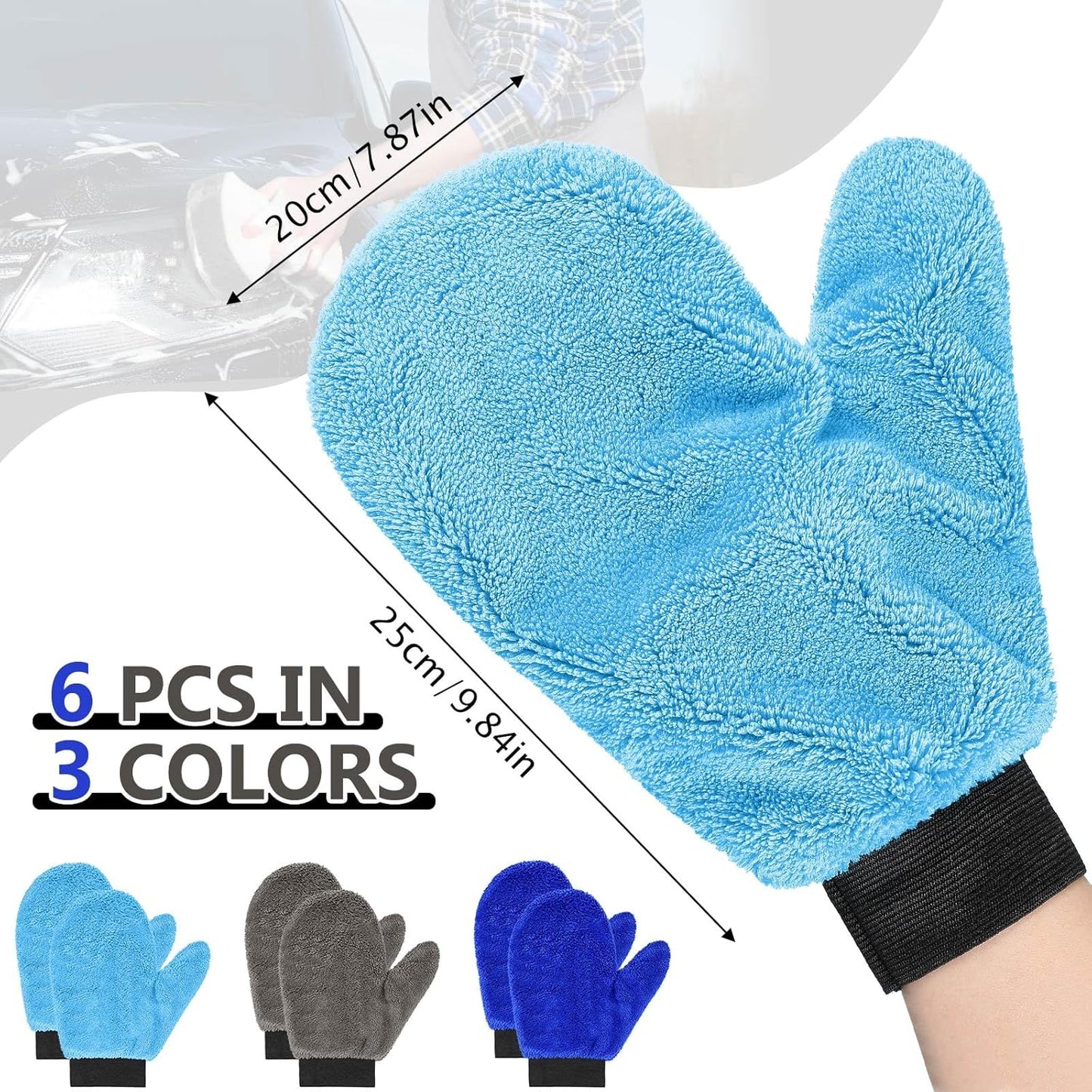 Teenyyou 6 Pcs Microfiber Dusting Mitt Car Wash Mitts Cleaning Glove with Thumb Reusable Terry Dusting Gloves with Elastic Wrist Cuff for Car Wheel Plants House Kitchen(Blue, Grey,8.85 x 7.08 Inch)