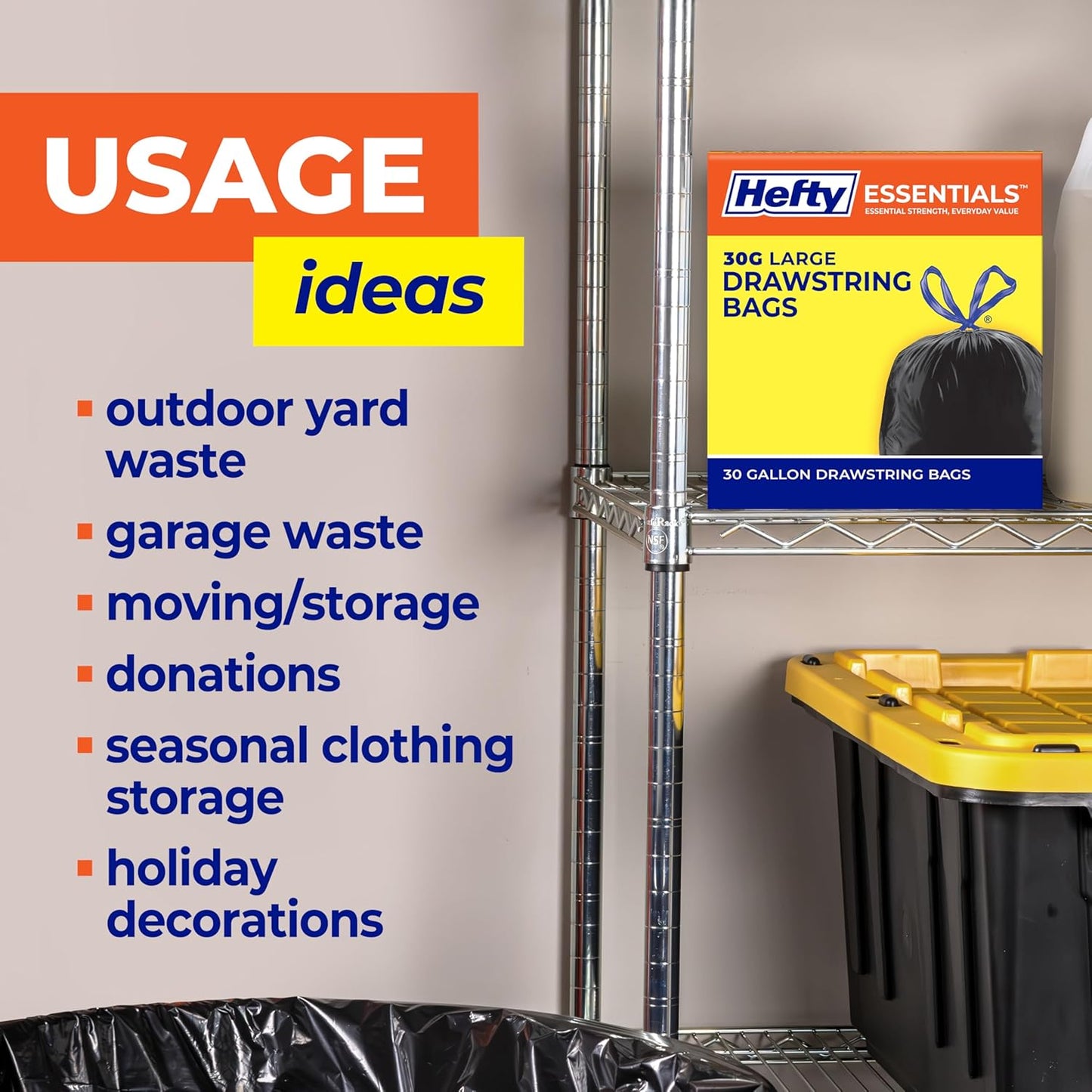Hefty Essentials Drawstring 13 Gallon Kitchen Trash Bags, 45 Count, Tall Unscented Trash Bags for Kitchens, Home Offices, or Laundry Rooms, Easy to Tie, Lift, and Carry, White