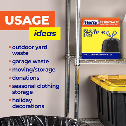 Hefty Essentials Drawstring 13 Gallon Kitchen Trash Bags, 45 Count, Tall Unscented Trash Bags for Kitchens, Home Offices, or Laundry Rooms, Easy to Tie, Lift, and Carry, White
