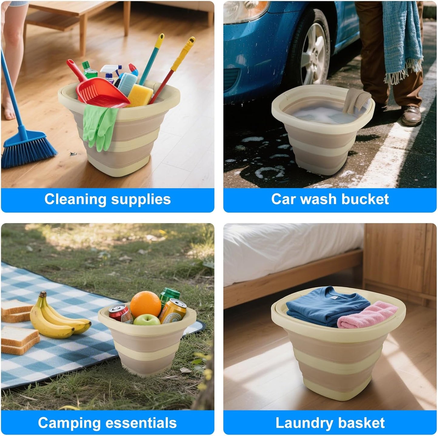 Collapsible Mop Bucket and Ice Bucket-5L(1.3 Gallon) Household Cleaning Silicone Dust Mops Bucket, Portable Bathroom Cleaning Supplies Square Bucket for Cleaning