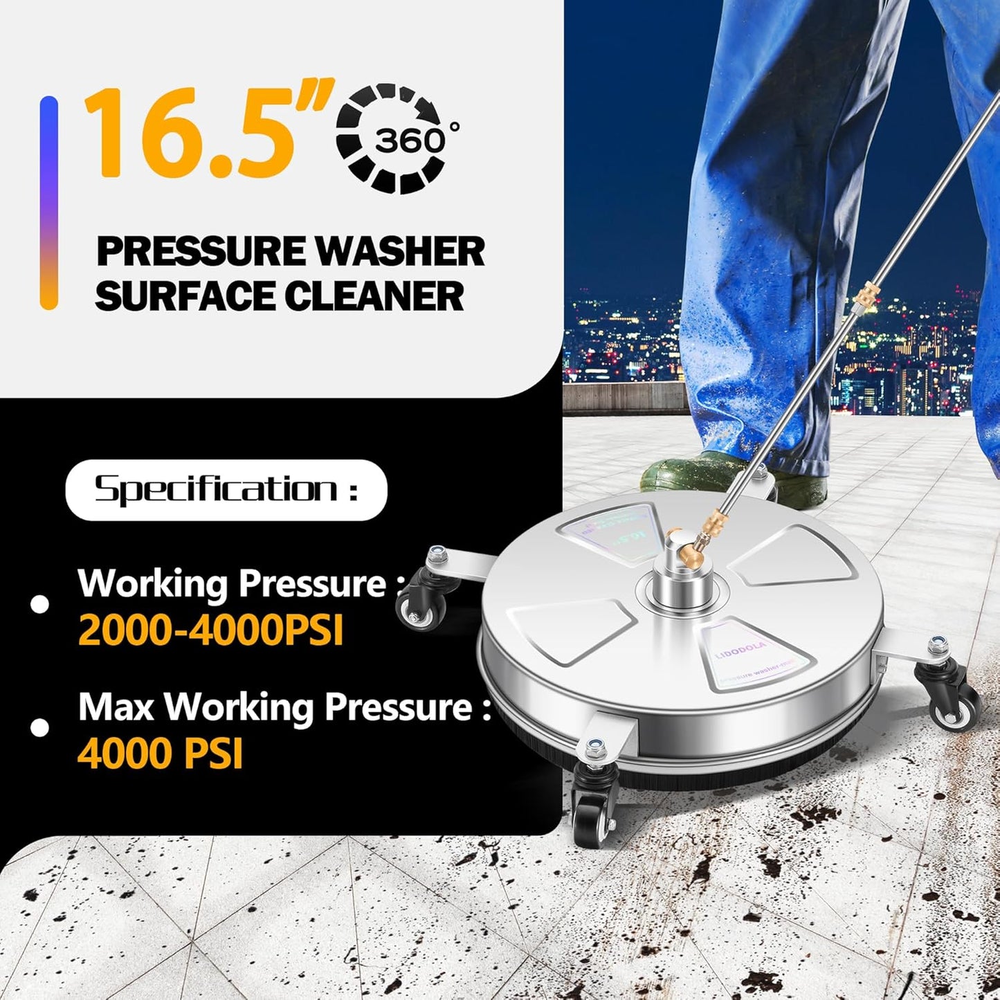 14" Pressure Washer Surface Cleaner with 4 Wheels - Stainless Steel Surface Cleaner for Pressure Washer Attachment for Concrete, Patio, Sidewalk, Deck and Driveways - PWS14