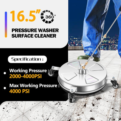 14" Pressure Washer Surface Cleaner with 4 Wheels - Stainless Steel Surface Cleaner for Pressure Washer Attachment for Concrete, Patio, Sidewalk, Deck and Driveways - PWS14