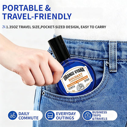 Travel Fabric Refresher Spray – Odor Eliminator & Wrinkle Release, TSA Approved 40ml for Gym Hotel Office Clothes Sofa Curtains, Apple Tree Scent – Boudart Labs