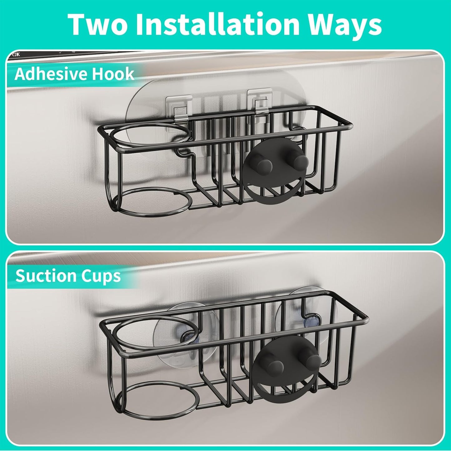 HapiRm 4 in 1 Kitchen Organizers and Storage, SUS304 Stainless Steel Brush Holder + Dish Cloth Hanger + Soap Rack + Sink Stopper Rack, No Drill Kitchen Essentials - Black
