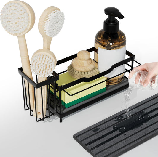 Sponge Holder for Kitchen Sink Caddy,Sink Caddy Organizers with Stone Drying Tray, Kitchen Organizer for Sponges, Soap, 9.7" x 4.2"x 3.2" Home Decor Storage and Organization,1PCS Black