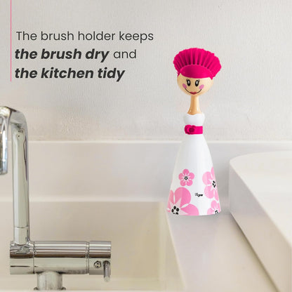 Vigar Dolls Dish Brush with Ergonomic Handle and Dres-shaped Storage Holder - Scrub Brush for Pans, Pots, Kitchen Sink Cleaning, Blue/Pink