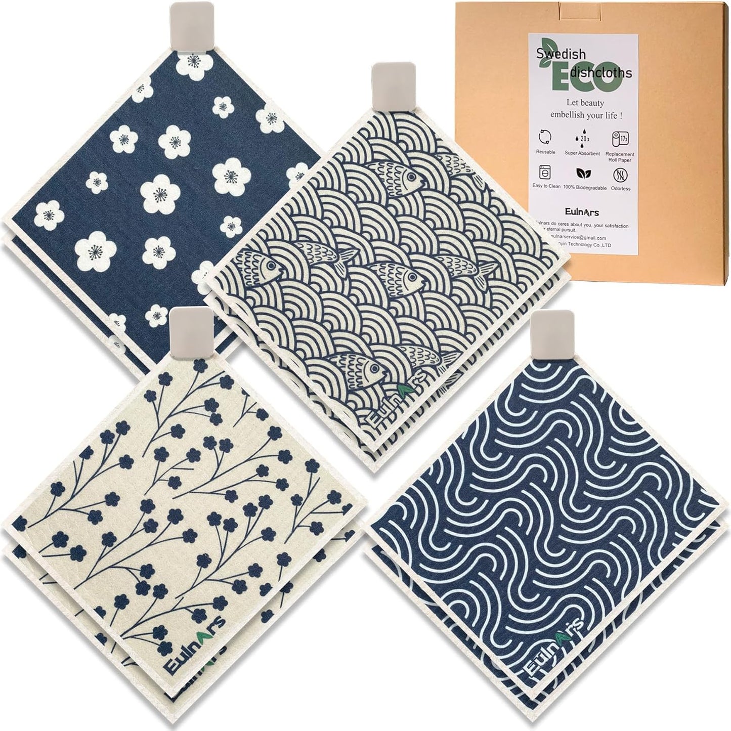 Eulnars Swedish Dishcloths for Kitchen, 8 Pack Reusable Paper Towels with Clips, Non-Scratch Swedish Kitchen Towels, Super Absorbent Cellulose Sponge Cloths, Dishwasher Safe, No Odor