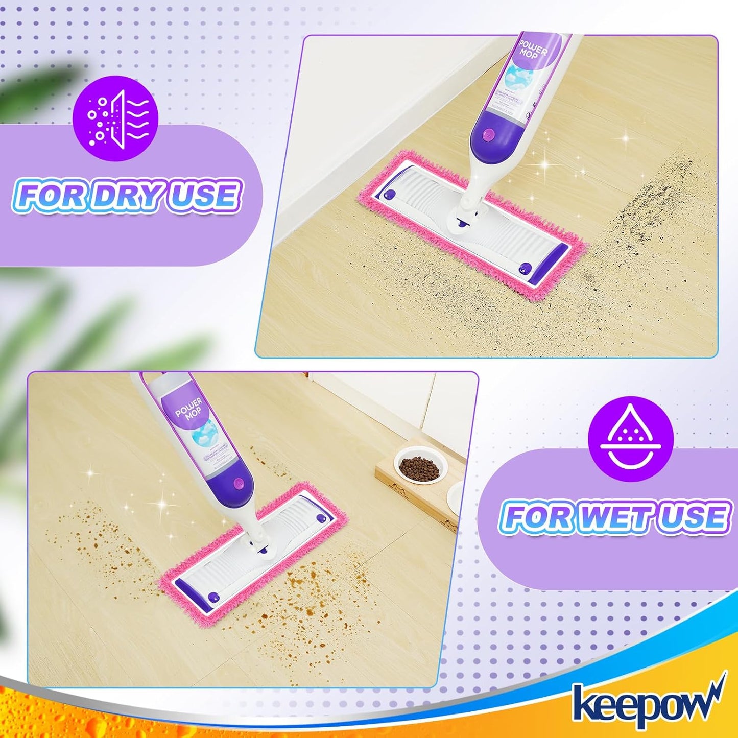KEEPOW Reusable Microfiber Mop Pads Compatible with Swiffer PowerMop 4 Pack, Power Mop Pads Refills for 13 ''-15 '' Spray Mop, Machine Washable Pad Replacement for Multi-Surface Floor Cleaning