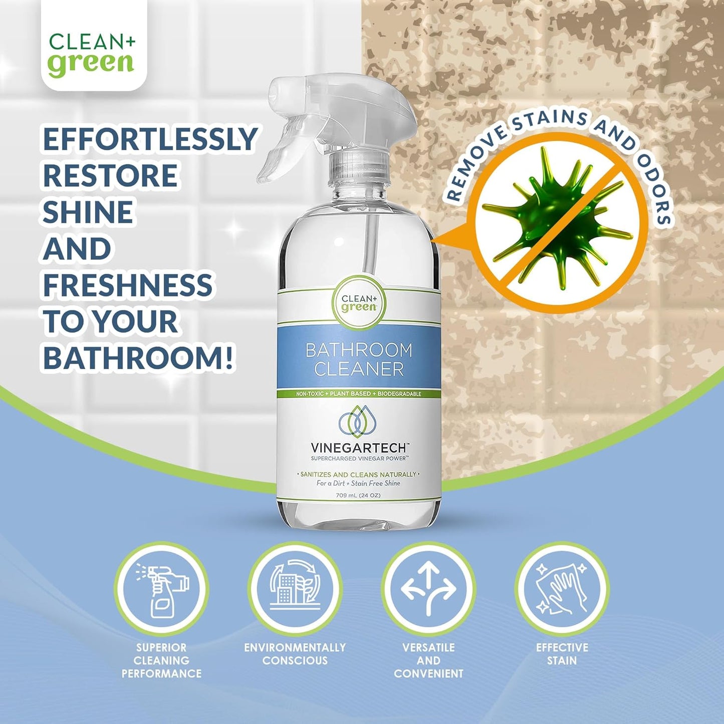 CLEAN+GREEN VinegarTech Bathroom Cleaner - Vinegar Spray All Purpose Cleaner Removes Dirt & Grime Shower, Tub, Tile Floor - Vinegar Cleaner Household Cleaning Supplies - Cleaning Vinegar 24 Fl Oz