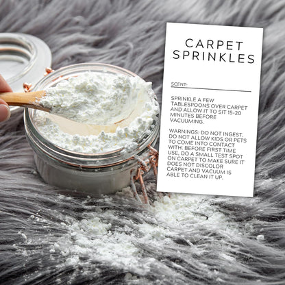 Carpet Sprinkle Freshener Instruction Stickers | 250 pc per Roll 2x3.5” Minimalist Warning Labels for Jar Package How to Use Cleaning Scent Write in