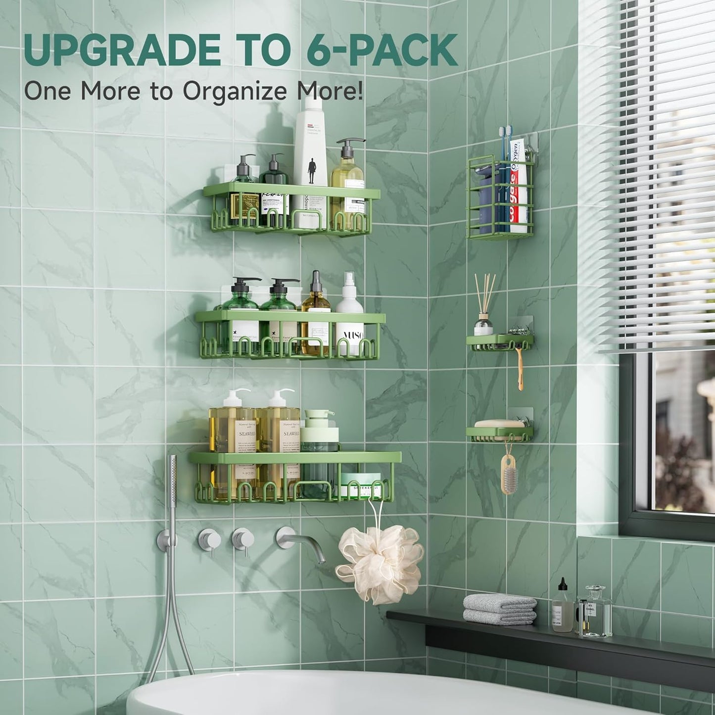 Veken Shower Caddy 6-Pack, Advanced Rustproof Design, No Drilling Adhesive Shelves, Rack with Soap Holder, Large Capacity Bathroom Organizers and Storage, Wall-Mounted, Gifts for Women Mom