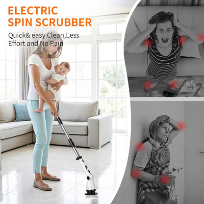Electric Spin Scrubber with 8 Replaceable Brush Heads 6 Adjustable Angle Waterproof LED Display Cordless Cleaning Brush Supplies Bathroom Cleaner Set Long Handle Power Scrubber for Shower Floor Tub