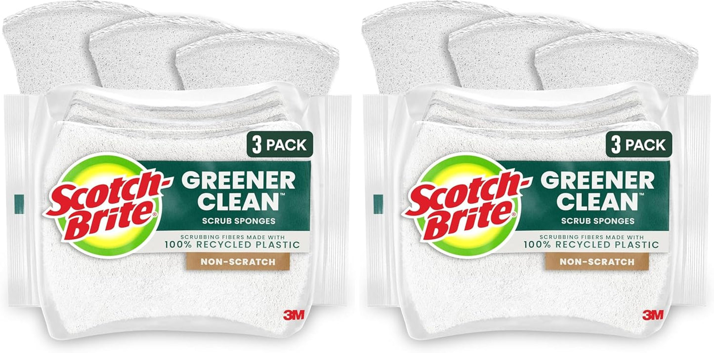 Scotch-Brite Greener Clean Non-Scratch Scrub Sponge, Sponge for Washing Dishes, Cleaning Kitchen, Superior Performance and Made with Sustainable Materials, Dishwasher Safe, 3 Scrub Sponges