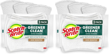 Scotch-Brite Greener Clean Non-Scratch Scrub Sponge, Sponge for Washing Dishes, Cleaning Kitchen, Superior Performance and Made with Sustainable Materials, Dishwasher Safe, 3 Scrub Sponges