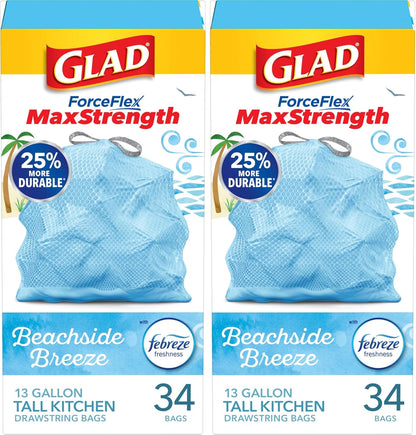 Glad Tall Kitchen Trash Bags 13 Gallon, MaxStrength Beachside Breeze Garbage Bags, Odorshield with Drawstring, 34 Count