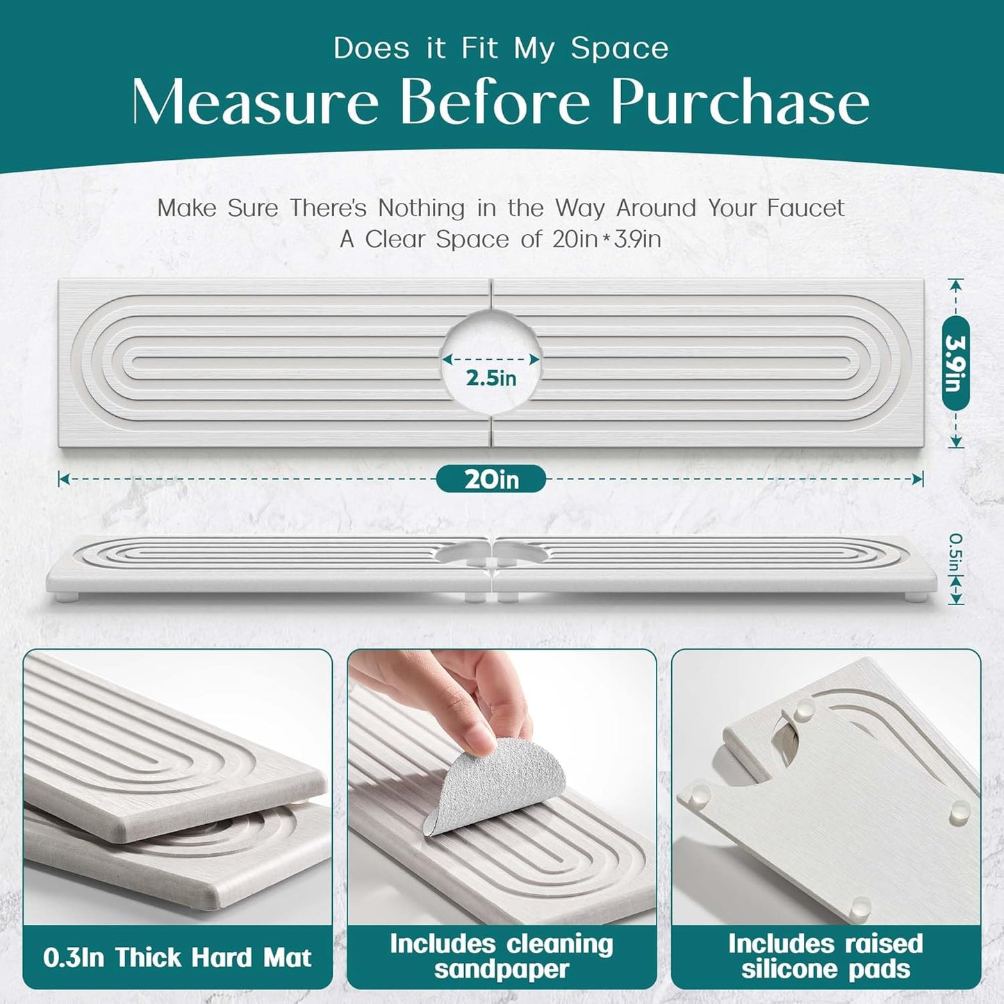 Eormoe Faucet Mat for Kitchen Sink – Diatomite Stone Drying Mat & Sink Protectors, Prevent Moisture – Sink Splash Guard Water-Absorbing Stone Tray for Bathroom Counter (Light Grey, 23.6" x 3.9")