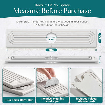 Eormoe Faucet Mat for Kitchen Sink – Diatomite Stone Drying Mat & Sink Protectors, Prevent Moisture – Sink Splash Guard Water-Absorbing Stone Tray for Bathroom Counter (Light Grey, 23.6" x 3.9")