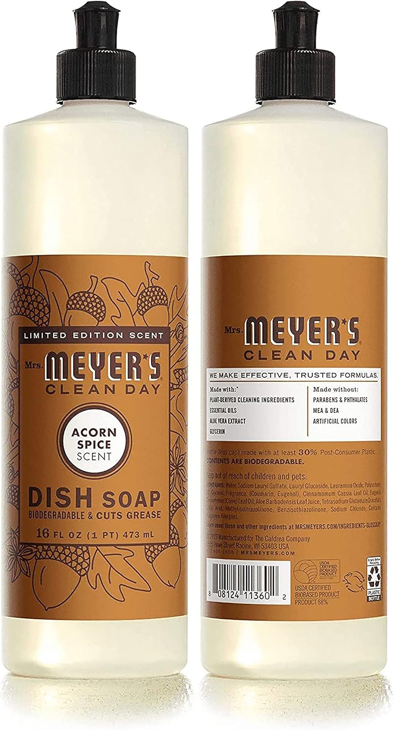 Mrs. MEYER'S CLEAN DAY Liquid Dish Soap 3 Pack Variety, Acorn Spice, Apple Cider, Fall Leaves, 16 OZ Each, 1 CT