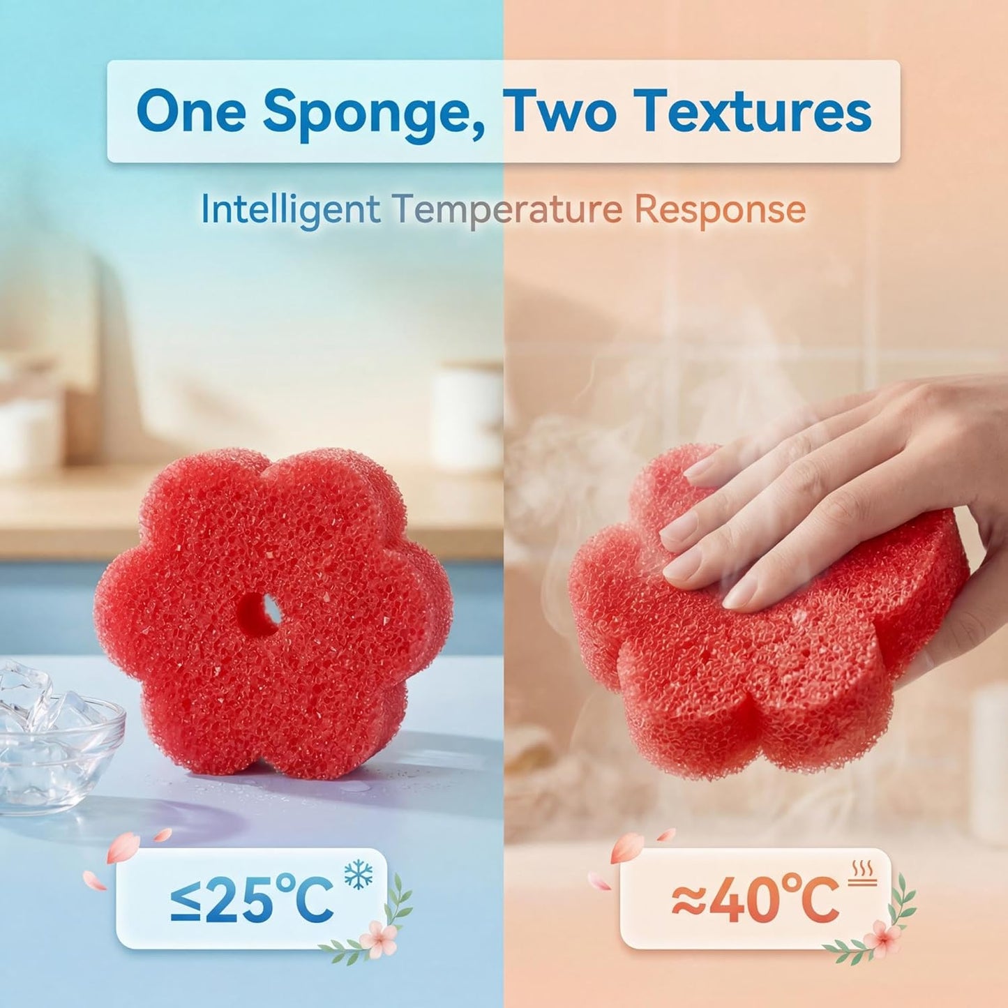 Scrub Flower Temperature Sensitive Sponges -Non-Scratch Scrubbers for Kitchen & Home - Firm in Cold & Soft in Warm Water - Odor Resistant Color-Coded Dish Sponges (Lavender Mist, 3 Count)
