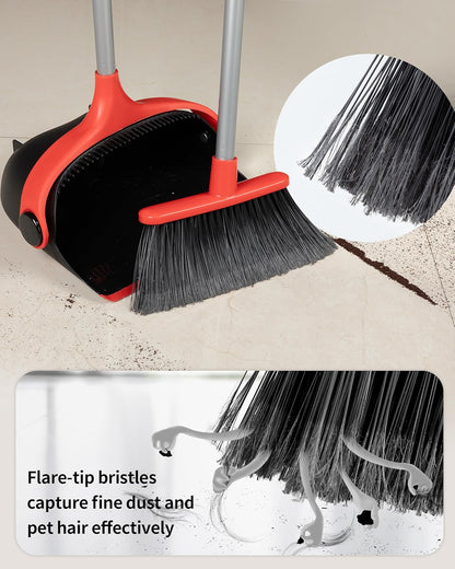 MR.SIGA Broom and Dustpan Set with Adjustable Long Handle, Upright Combo for Floor, Cleaning Lobby, Gray