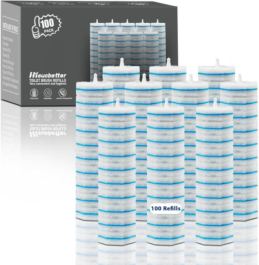 100 Pack Disposable Toilet Brush Heads, Toilet Bowl Wand Refills, Toilet Cleaning System Replacement, Refill for Most Toliet Wands, Prefilled 2X Cleaning for Deep Scrub of Toilets.