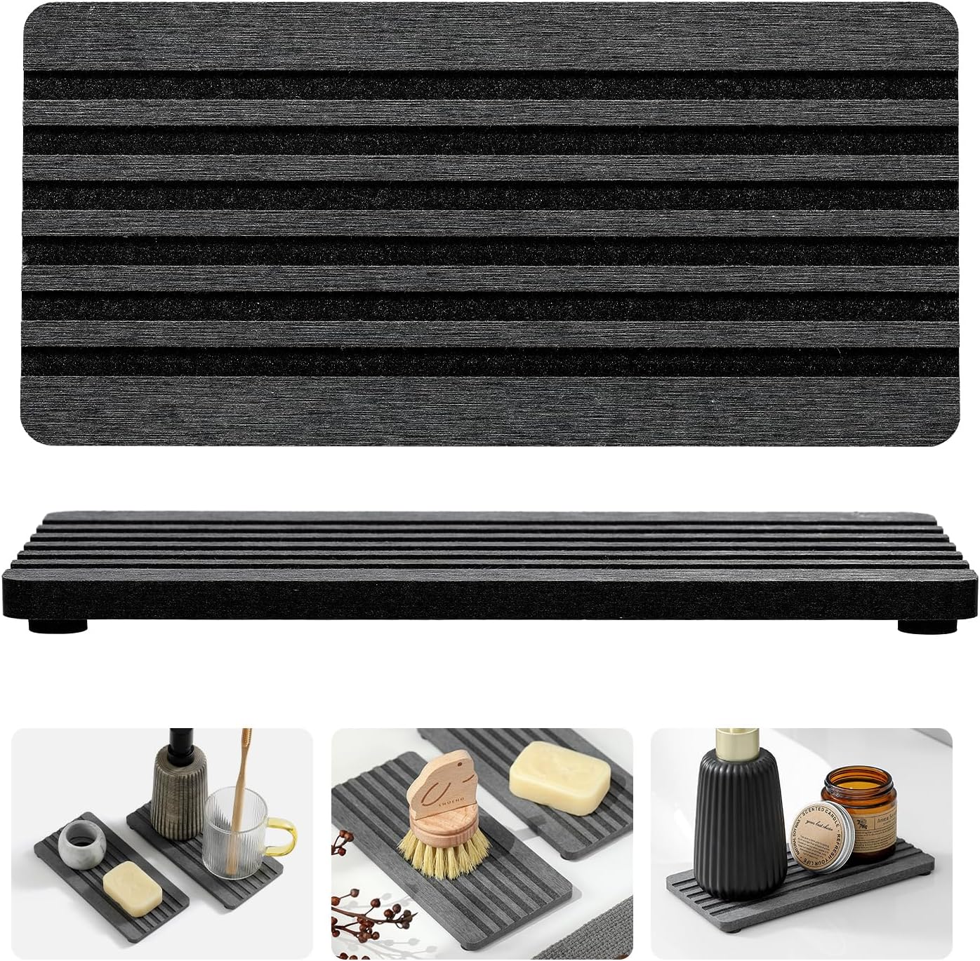 2PCS Water Absorbing Stone Drying Tray Mat for Bathroom Sink & Kitchen Counter Faucet Organizer, Quick Dry Dish Rack Soap Dispenser Sponge Holder, Vanity Sink Caddy Bar Coaster, Ivory White 8“x 4”