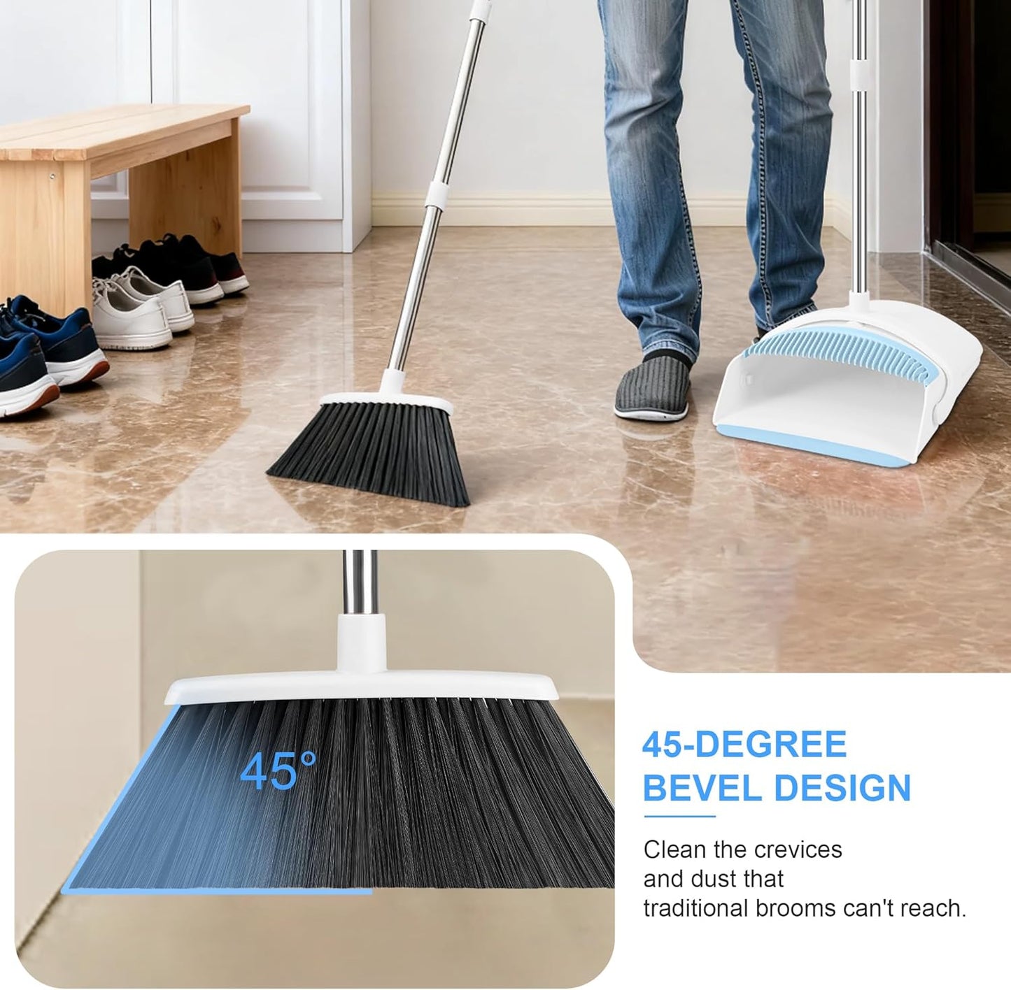 Broom and Dustpan Set, Broom Dustpan Combo Set for Home Commercial Cleaning Supplies Angle Broom with Long Handle Perfect for Courtyard Garage Street (Green)