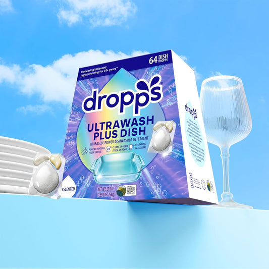 Dropps UltraWash Plus Dishwasher Detergent Pods, Unscented (64 Ct) Free & Clear | Triple Action | Built In Rinse Aid | Cuts Grease & Stuck-On Food | Sparkling Dishes | Residue-Free | Clean Ingredients