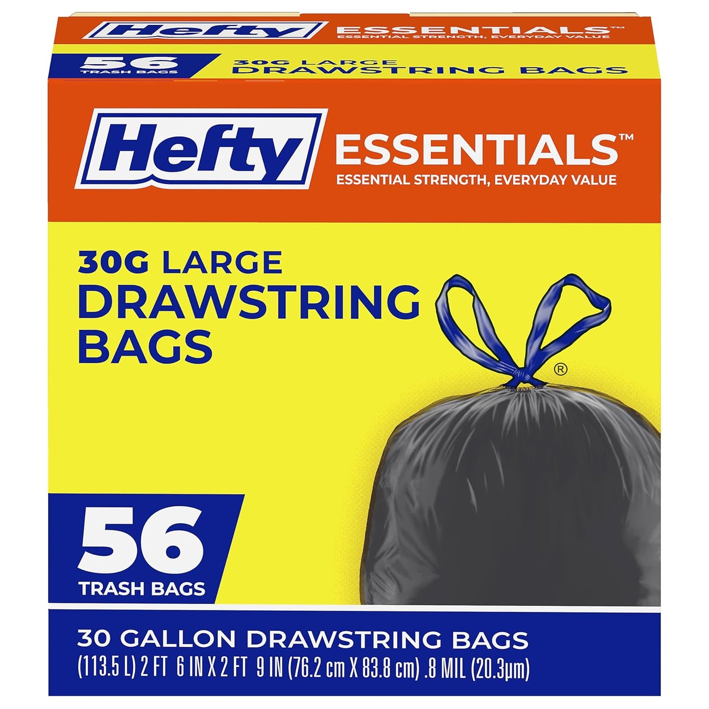 Hefty Essentials Drawstring 13 Gallon Kitchen Trash Bags, 45 Count, Tall Unscented Trash Bags for Kitchens, Home Offices, or Laundry Rooms, Easy to Tie, Lift, and Carry, White
