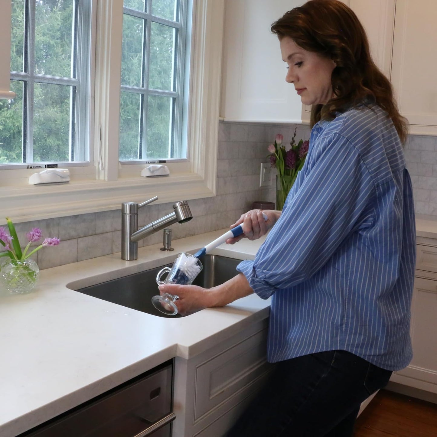 Unger Sink and Dish Scrub Brush, Kitchen Washing Scrubber for Hard-to-Reach Corners, Small Cleaning Supplies, Non-Scratch Bristles, Glassware, Pots, Pans, Tumblers, Drains, and Disposals