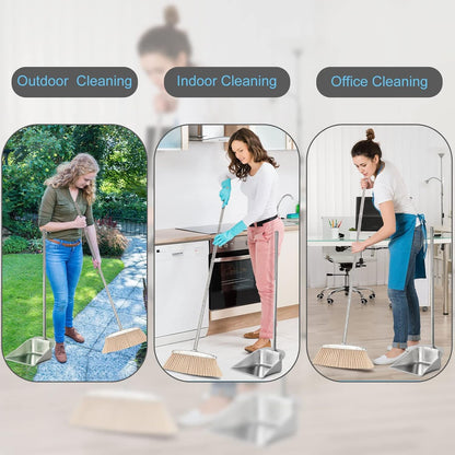 VOOWO Heavy Duty Broom and Dust pan Set, Stainless Steel Broom and Dustpan Set with Long Handle, Broom with Dustpan Set for Home Standing Dust Pan Indoor Outdoor Brooms Dustpan