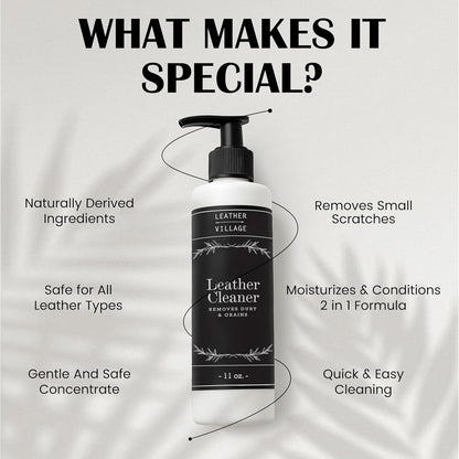 LEATHER VILLAGE Leather Cleaner and Conditioner for Car Seats, Furniture & Couch 2-in-1 Leather Care Kit with Wipe Cloth – Non-Toxic Stain Remover & Protectant for Shoes, Purse, Jacket, Bag | 11 oz