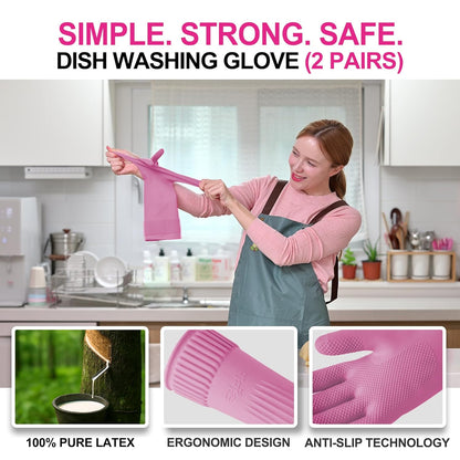DABOGOSA Mamison 2 Pairs Reusable Waterproof Household Dishwashing Cleaning Rubber Gloves, Non-Slip Kitchen Glove (Pink, Medium (Pack of 2))