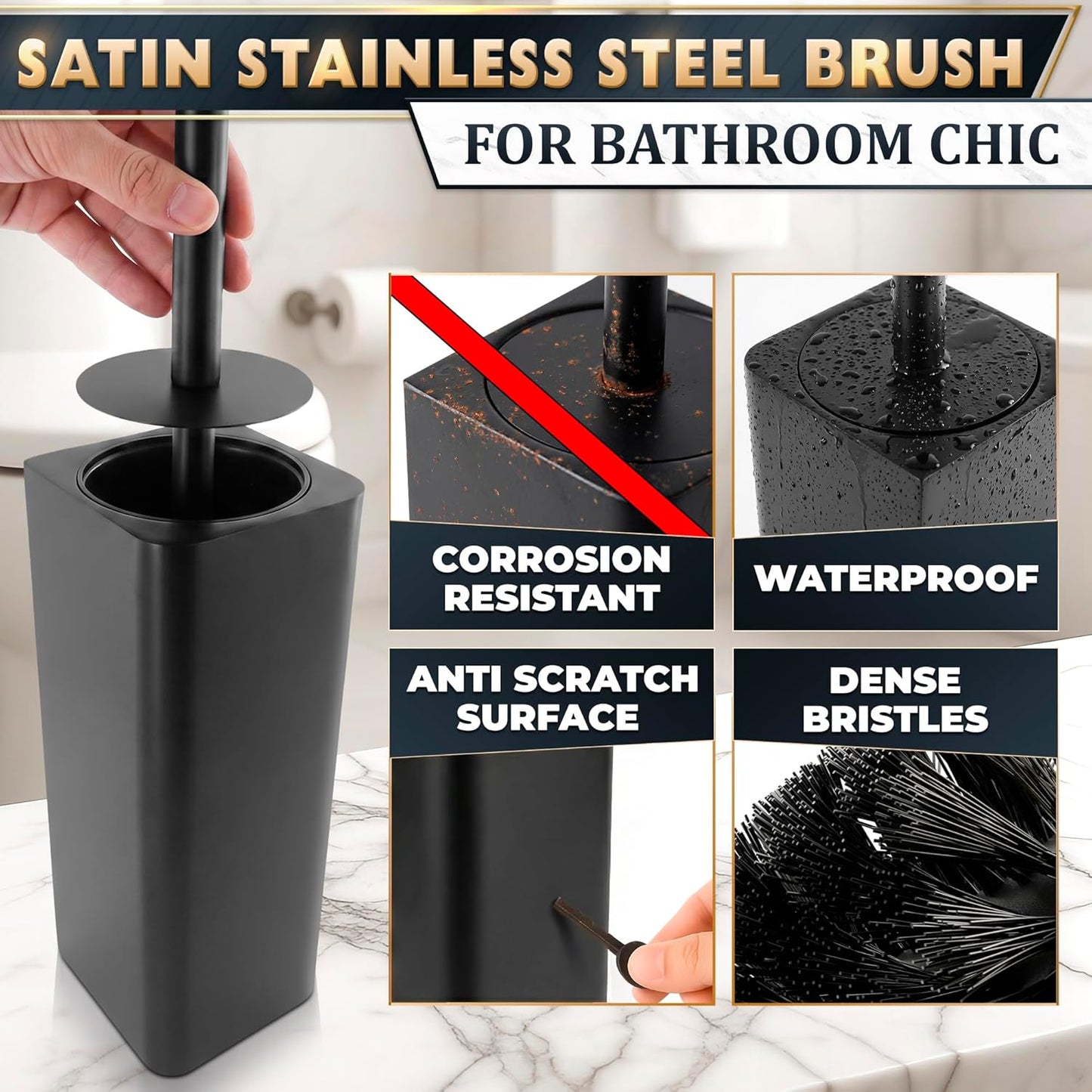 Stylish Stainless Steel Toilet Brush and Holder Set - Silver Toilet Bowl Brush and Holder with Splash Cover, Sturdy Bristles, Corrosion & Scratch Resistant - Elegant Design, Effective Deep Cleaning