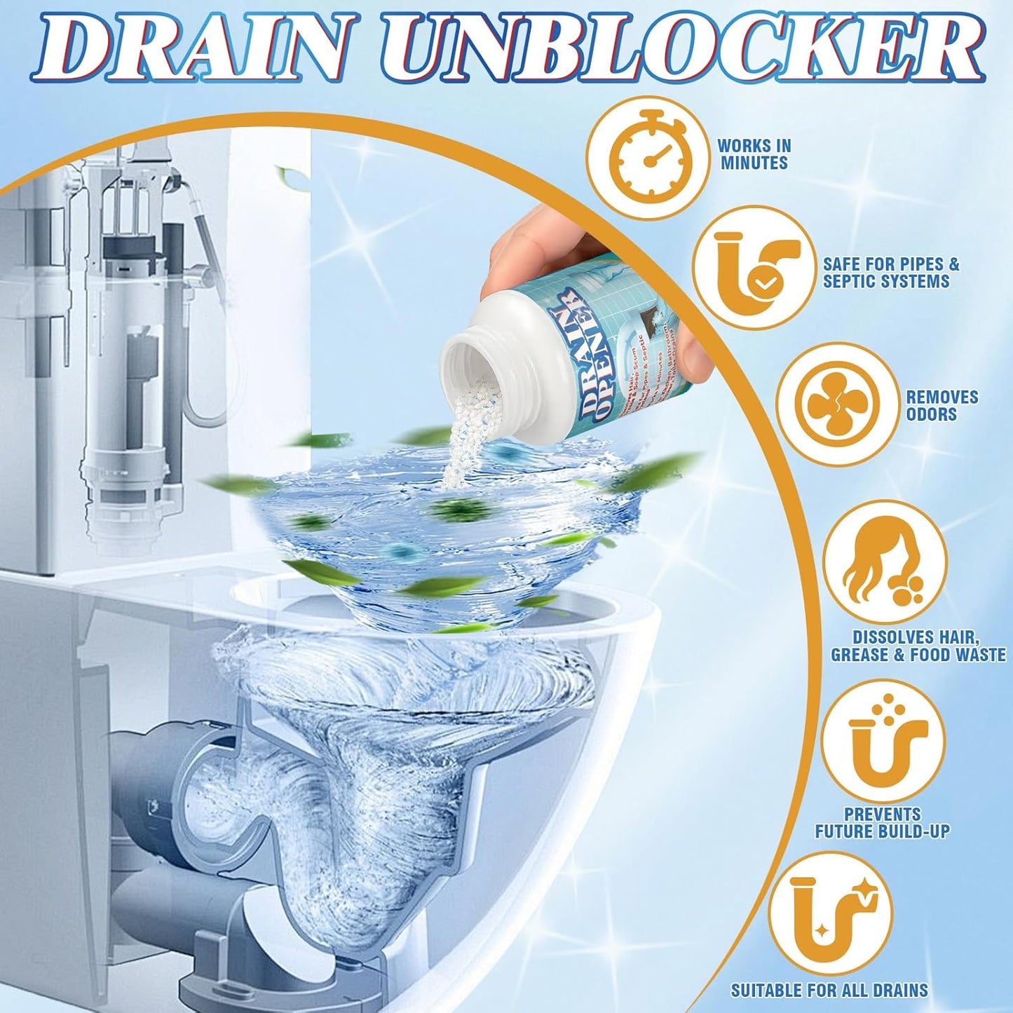 Drain Clog Remover Granules, 260g Drain Cleaner for Hair, Grease, Food Residue and Soap Scum, Drain Opener for Kitchen Sink, Bathroom Sink, Shower, Bathtub and Toilet